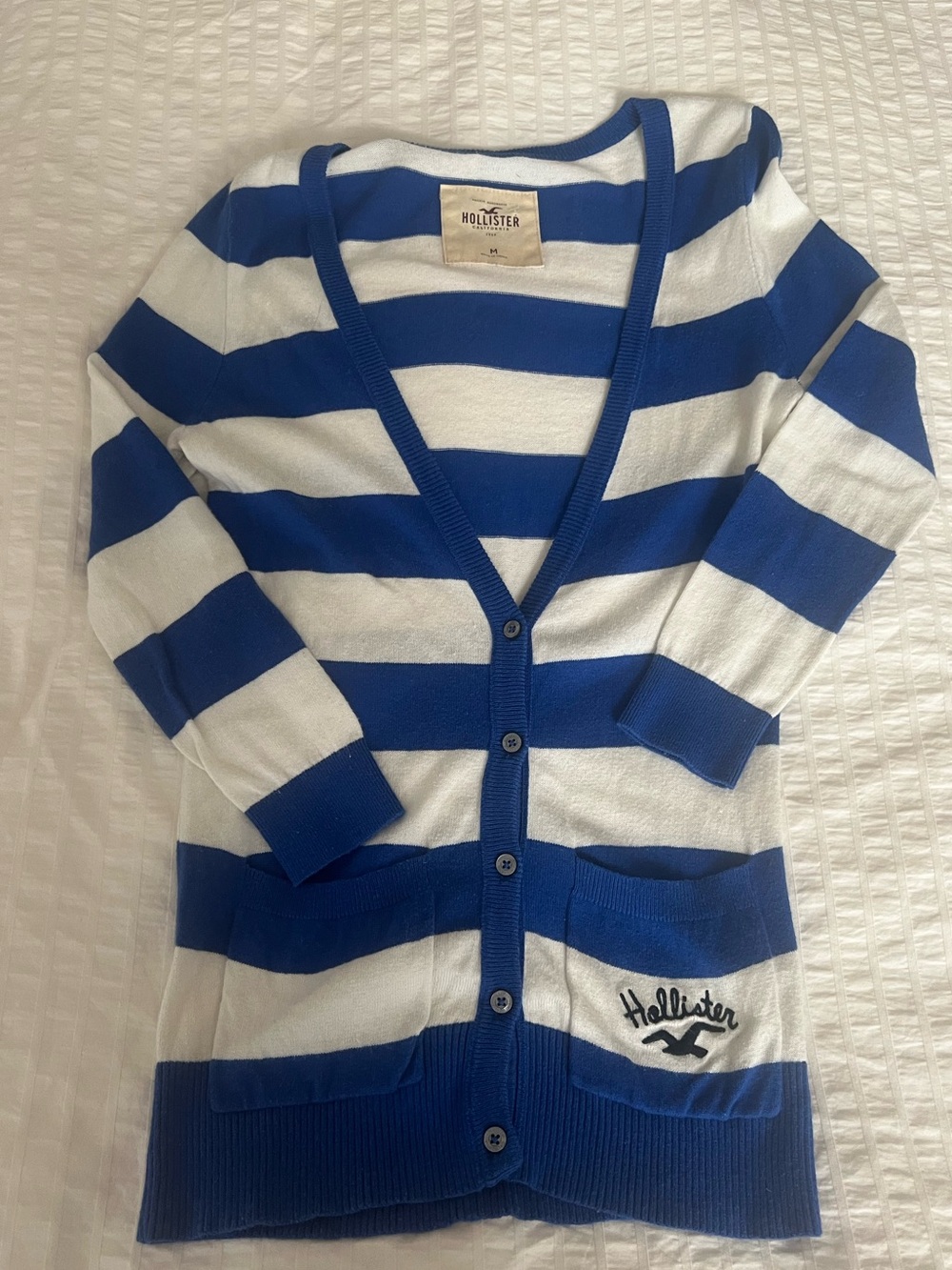 Vintage Y2K Hollister Knit Blue and White Striped Cardigan